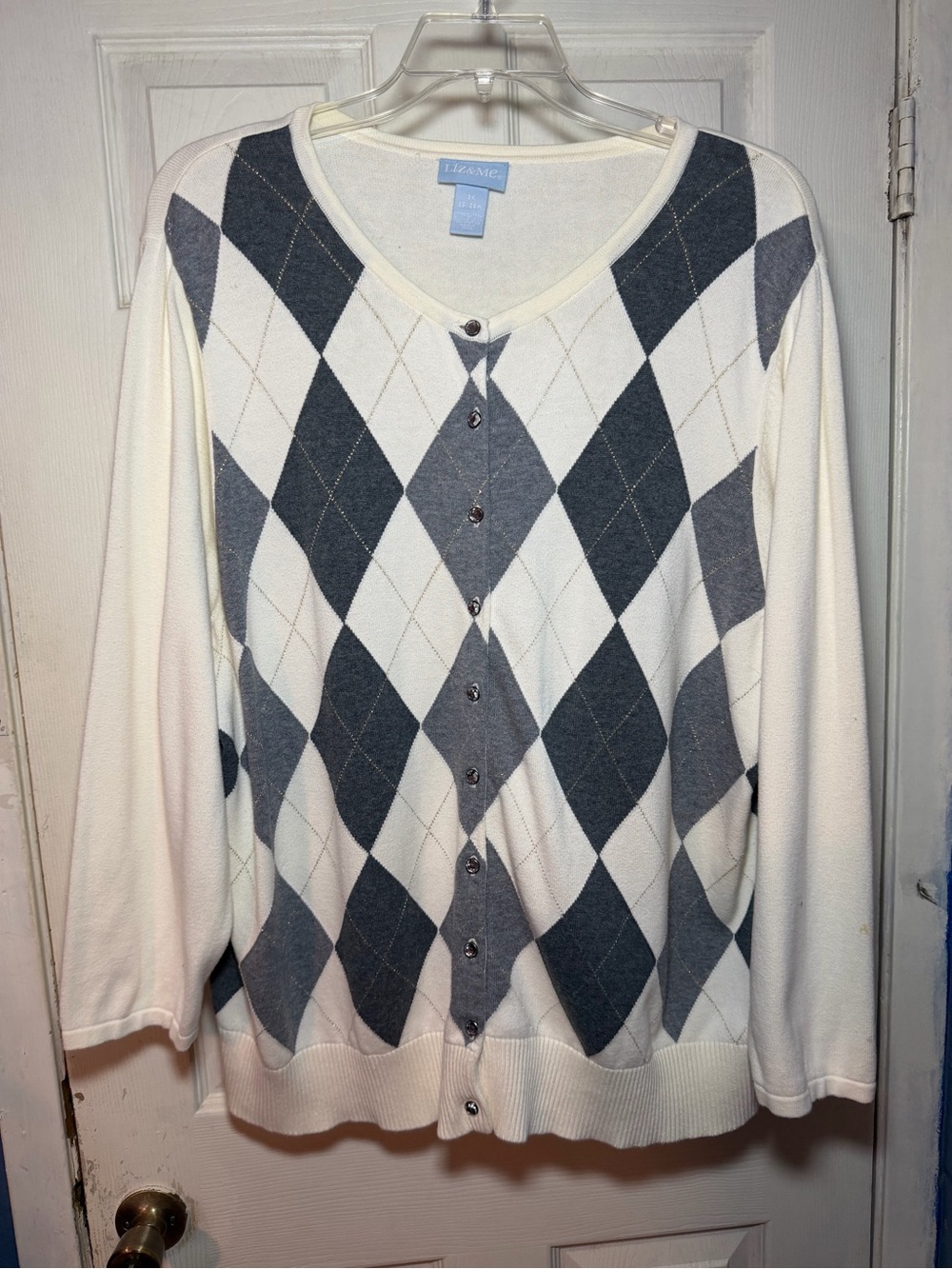 Liz & Me Cream and Gray Argyle Button Cardigan 100% Cotton rhinestone buttons